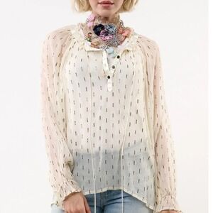 Aratta Silent Journey Maven Blouse Ivory Gold Metallic Sheer Women XL Beaded NWT